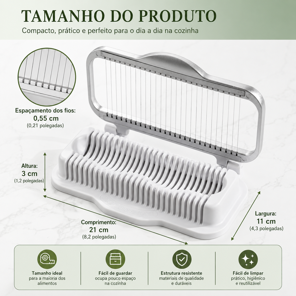 Fatiador Multiuso PremiumSlice™ | Corte Uniforme para Ovos, Frutas, Queijos e Alimentos Macios