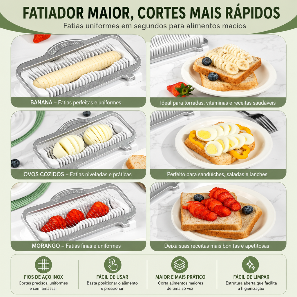 Fatiador Multiuso PremiumSlice™ | Corte Uniforme para Ovos, Frutas, Queijos e Alimentos Macios