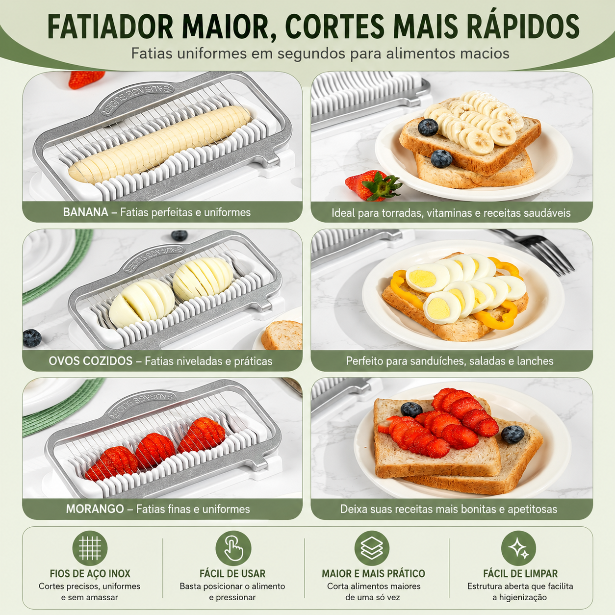 Fatiador Multiuso PremiumSlice™ | Corte Uniforme para Ovos, Frutas, Queijos e Alimentos Macios