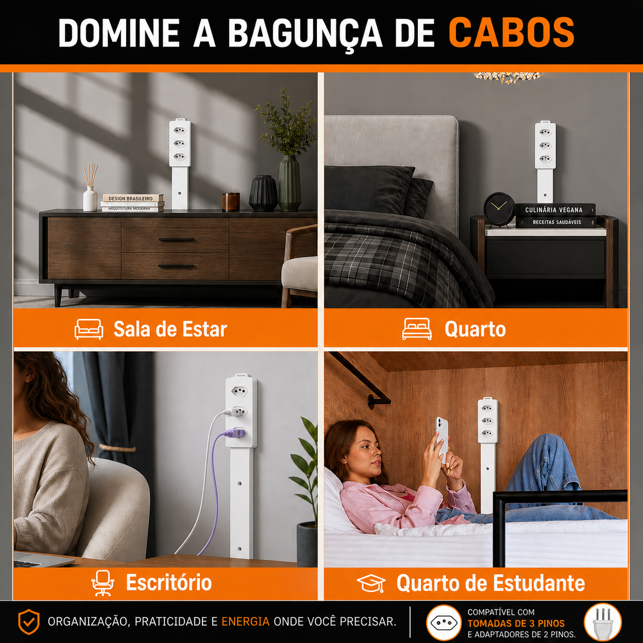 Extensor de Tomada FlexPower BR™ | Hub Inteligente Ajustável com USB-C, USB, TOMADA 2 PINOS E 3 PINOS 110/220v