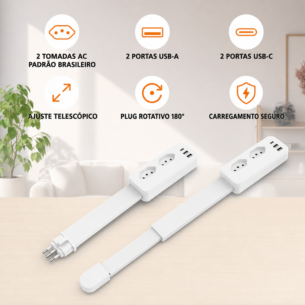 Extensor de Tomada FlexPower BR™ | Hub Inteligente Ajustável com USB-C, USB, TOMADA 2 PINOS E 3 PINOS 110/220v