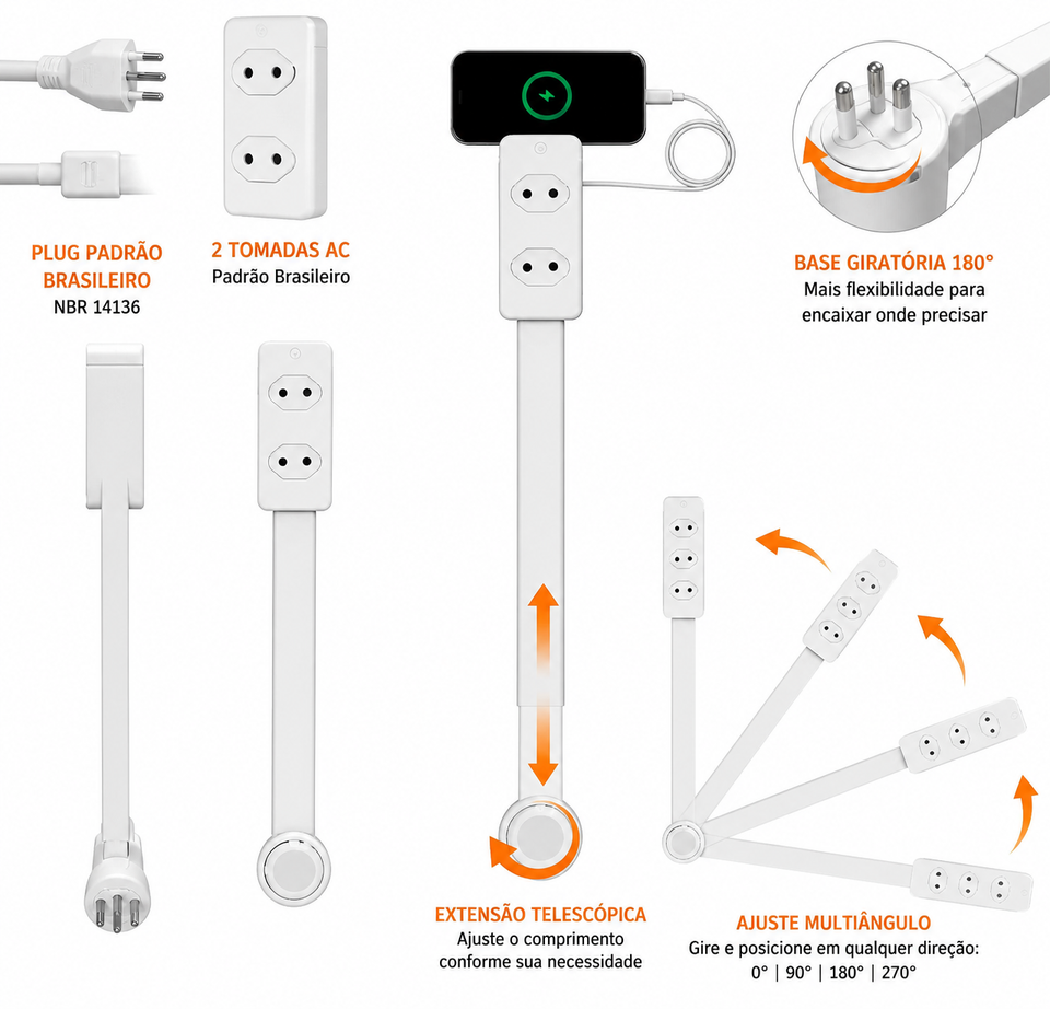 Extensor de Tomada FlexPower BR™ | Hub Inteligente Ajustável com USB-C, USB, TOMADA 2 PINOS E 3 PINOS 110/220v