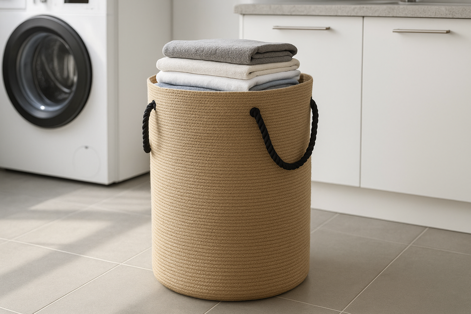 Cesto de Roupas Juta Natural com Alças Corda Preta 50x60cm