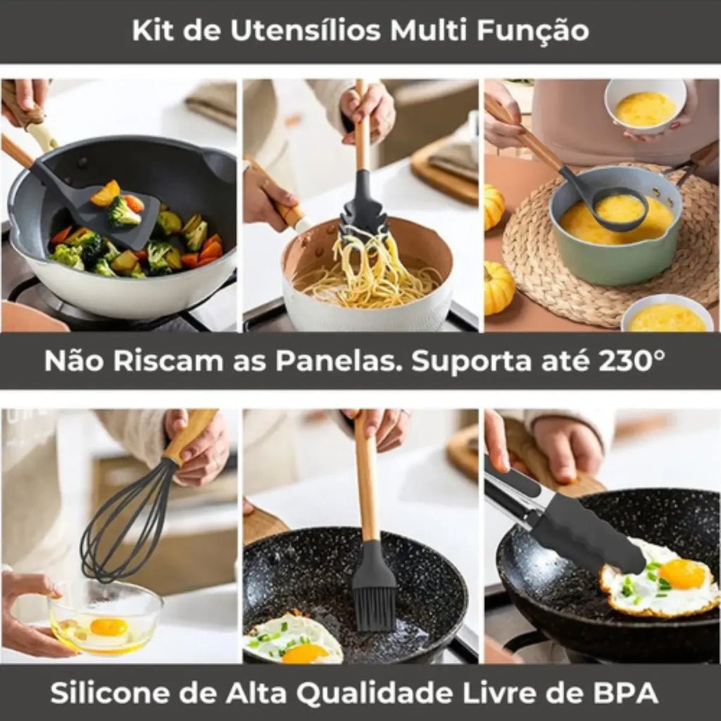 Kit Cozinha Premium 19 Peças™ | Utensílios em Silicone com Facas, Tábua e Suporte Organizador