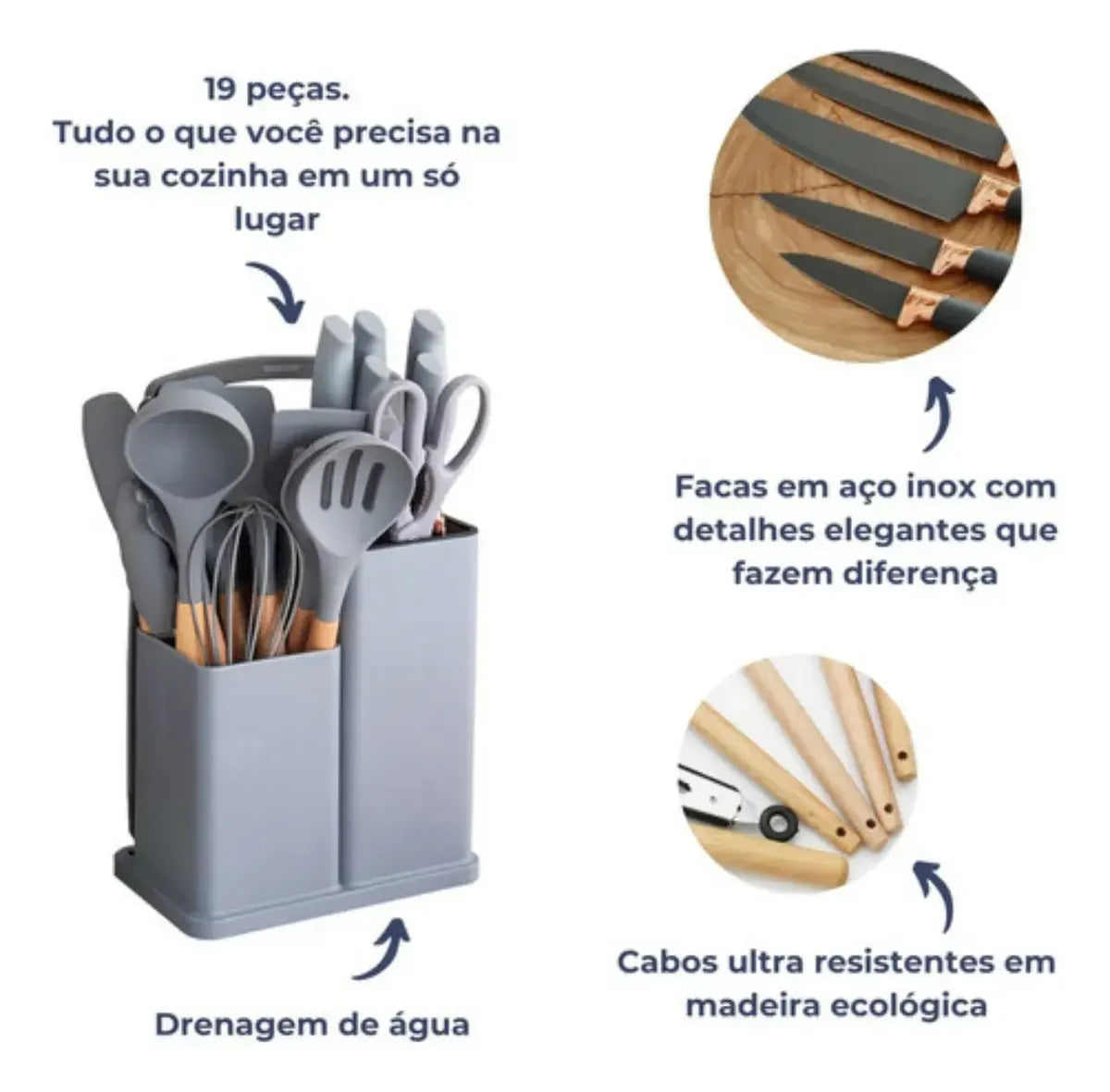 Kit Cozinha Premium 19 Peças™ | Utensílios em Silicone com Facas, Tábua e Suporte Organizador
