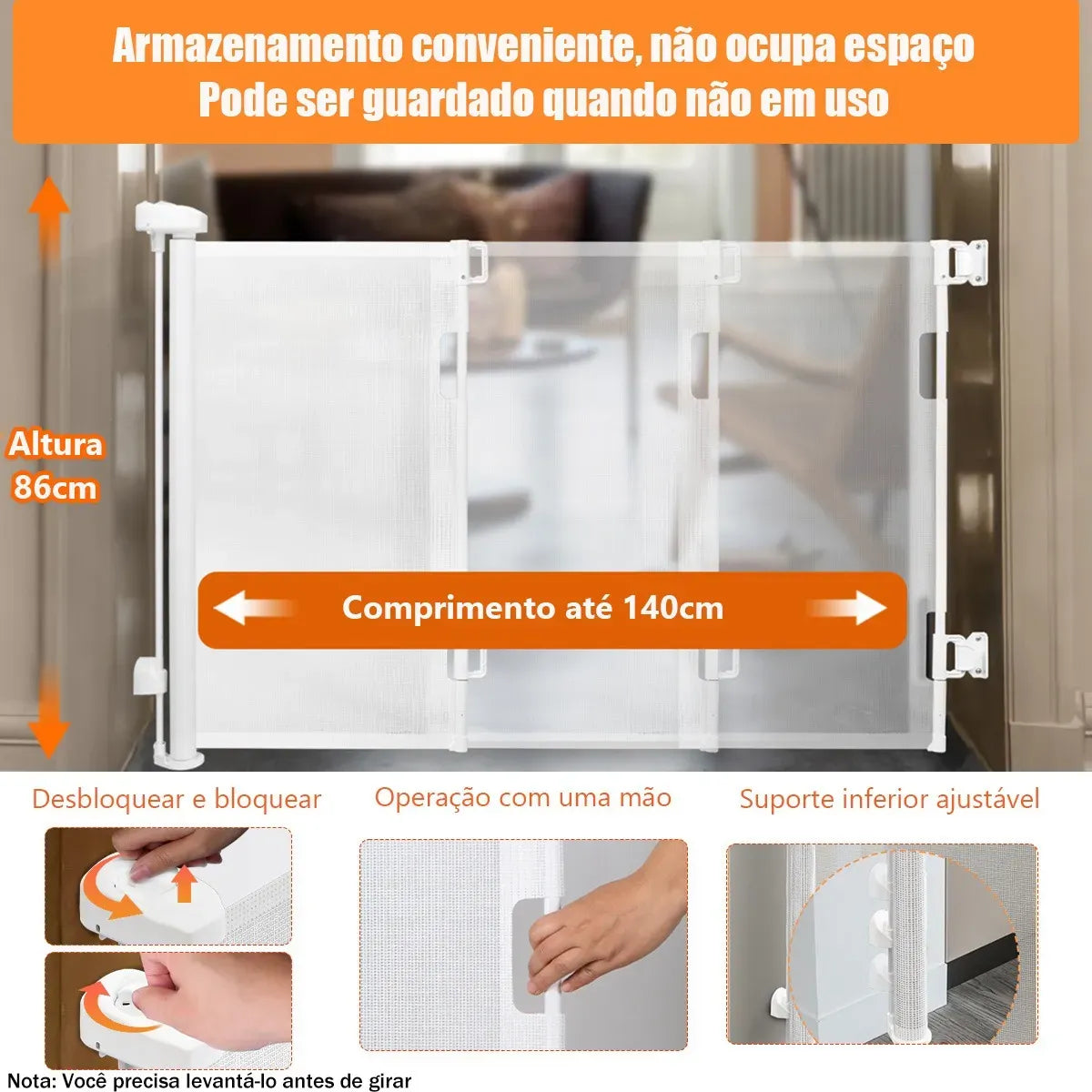 Portão Retrátil 140cm Tela Segurança Bebê Pet Cercadinho